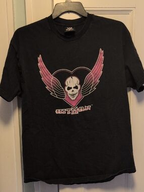 Black Hitman Skull Wing Graphic Tee with Pink Accent XL